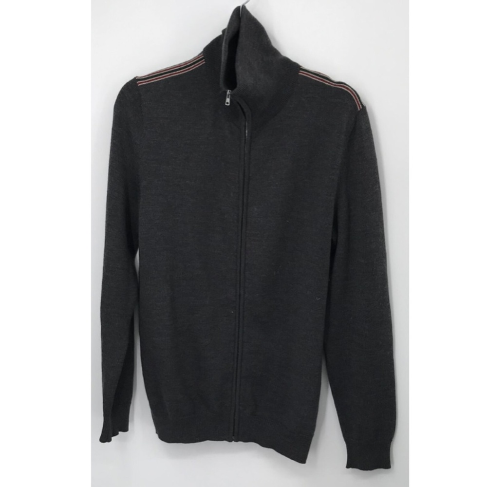 Gucci men gray wool high collar zip up sweater green red stripe on shoulder sz L